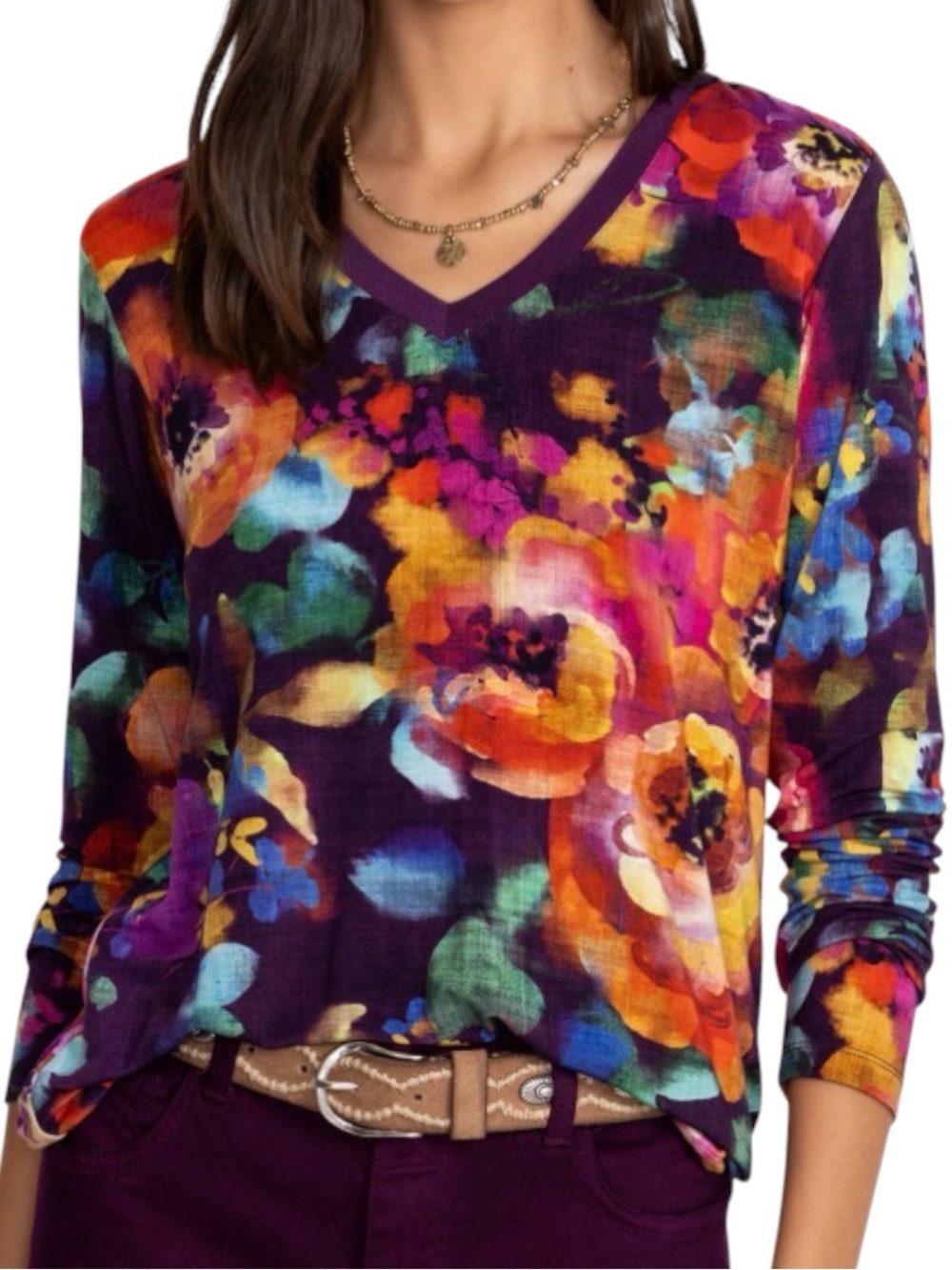 Johnny Was Purple Multi Floral V-Neck Long Sleeve Tee